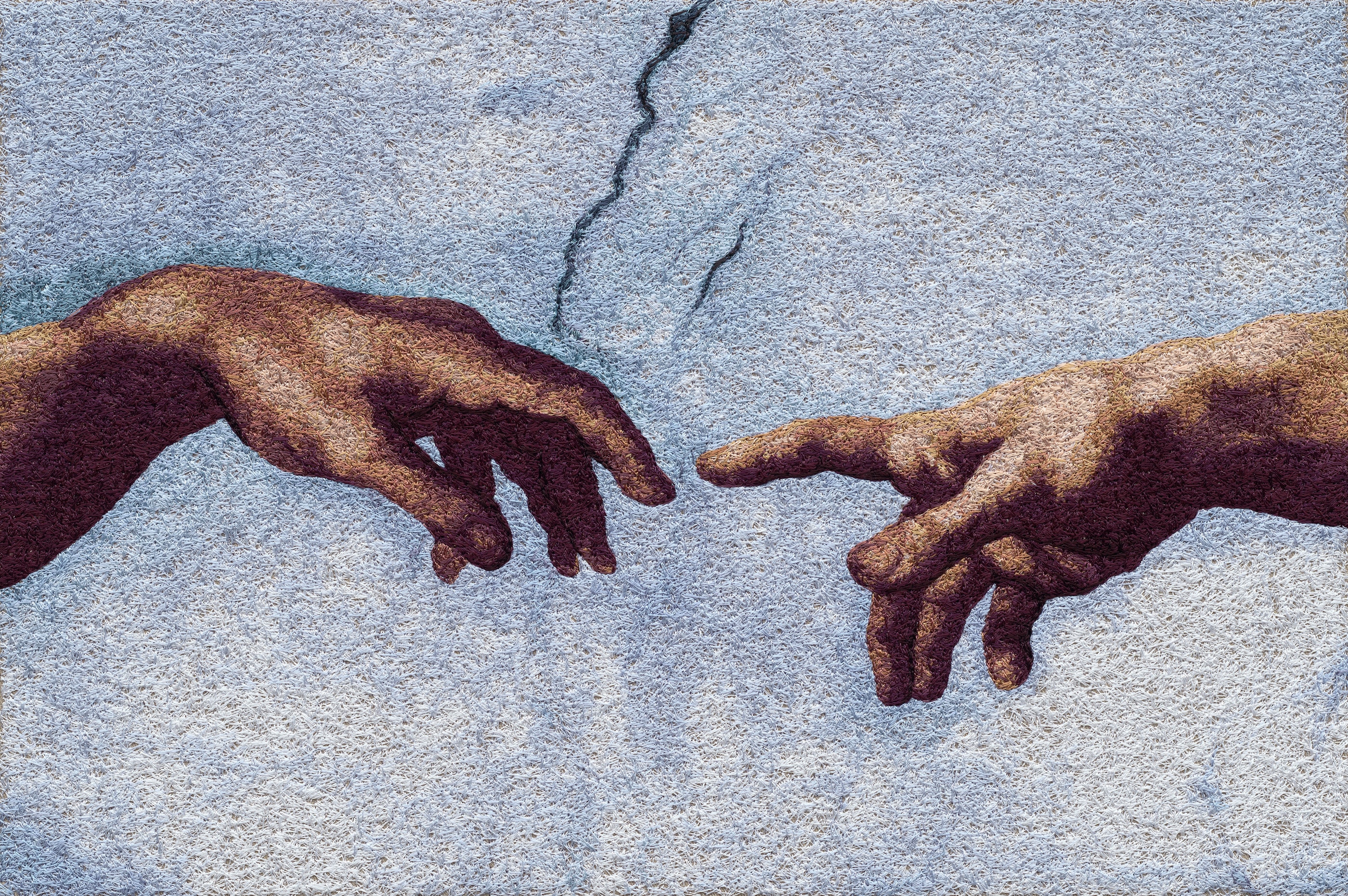 Chenille-embroidered reproduction of Michelangelo's Creation of Adam: the two reaching hands almost touching, full view