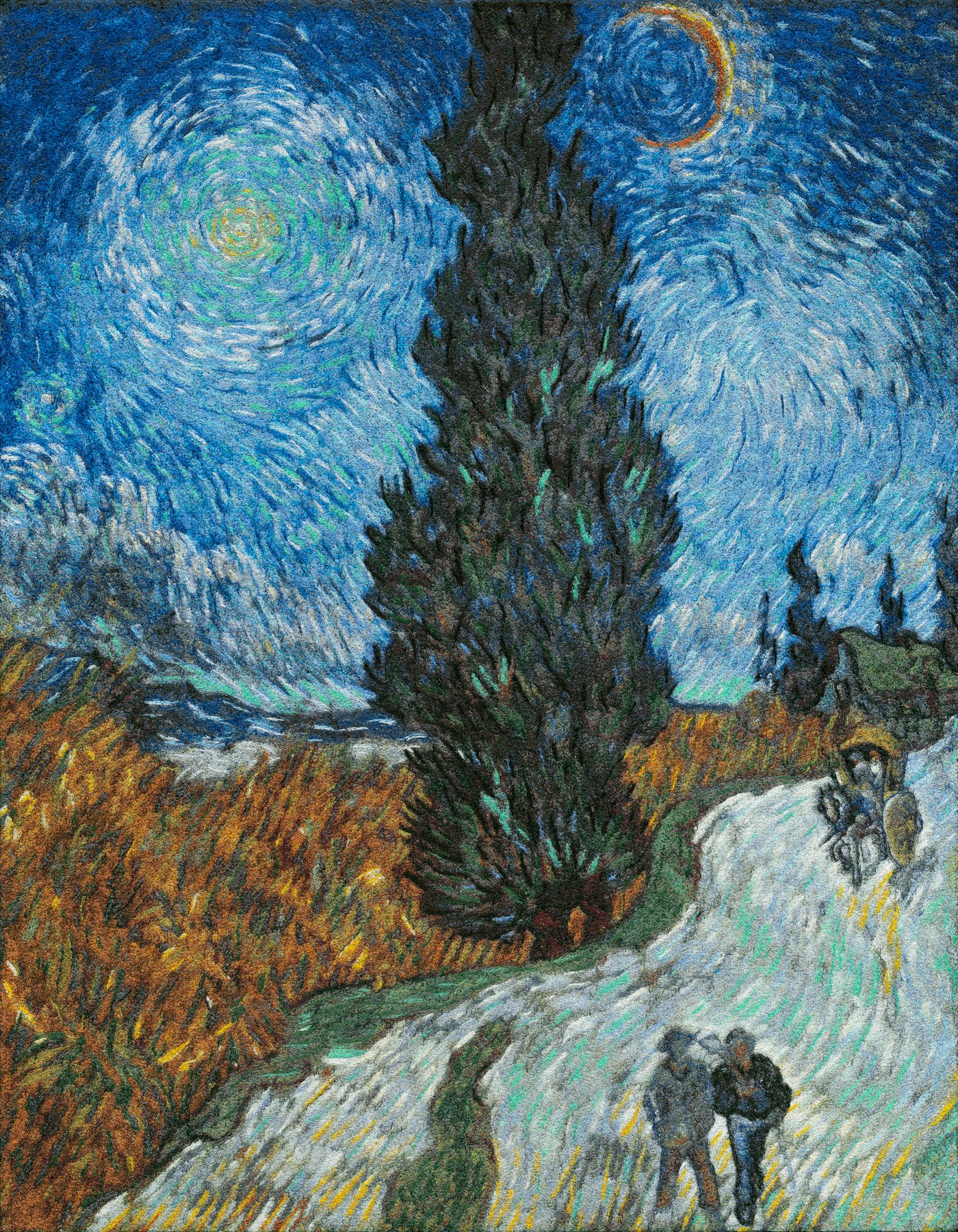 Country Road in Provence at Night by Ercigoj, an embroidered art piece after Van Gogh — cypress, crescent moon and star above a road with two walkers, rendered entirely in chenille thread