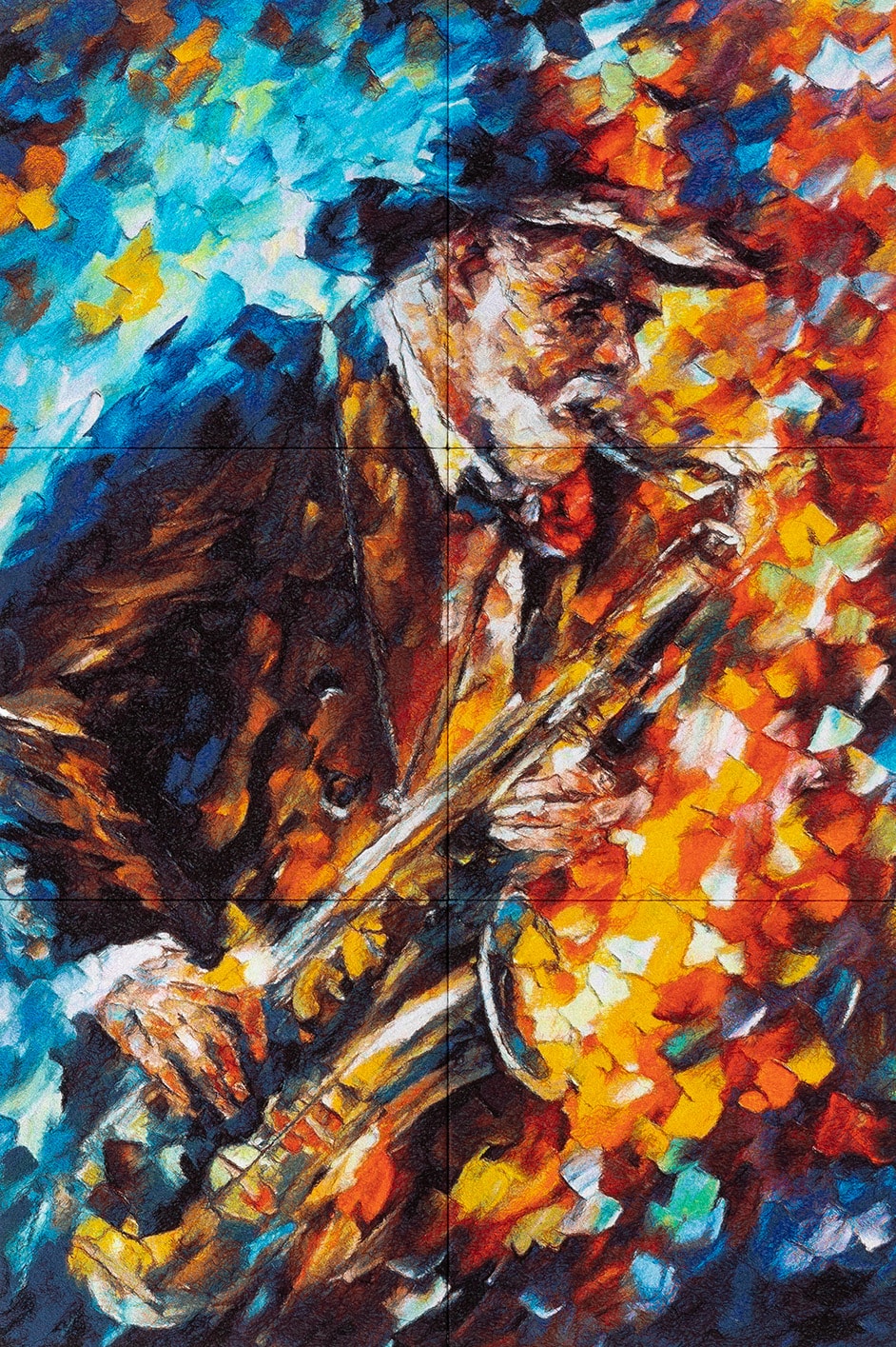 Embroidered artwork from 2020 in six panels: a saxophone player in a hat, in bold blue, orange and yellow brushstrokes