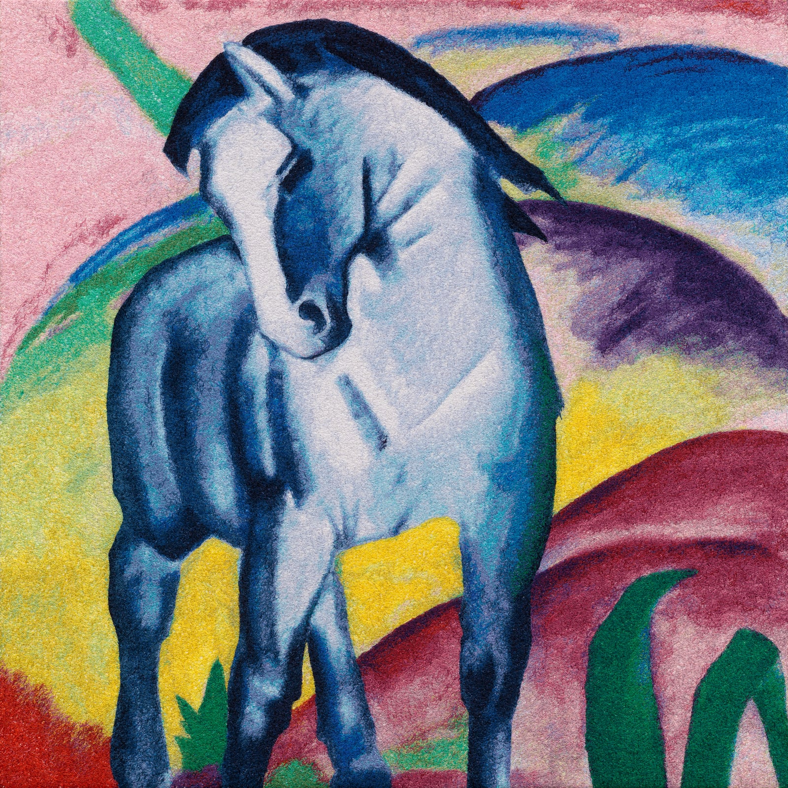 Blue Horse I, the whole embroidered painting: a pale blue horse with its head bowed, against pink, yellow, purple and red hills